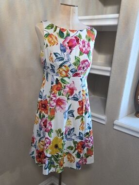 Eliza J White Midi Dress with Pink, Yellow & Green Floral Print